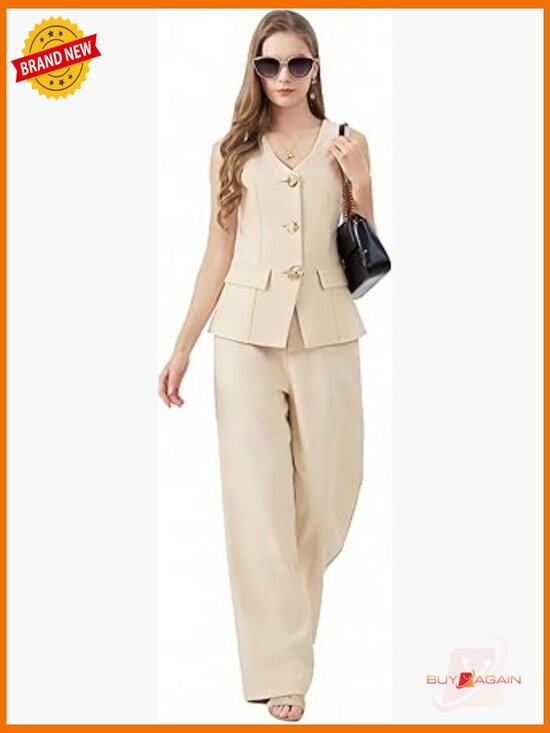 Pants - Sleeveless Blazer Vest & Wide Leg Pantsuit Set - 2 Piece Business Outfit